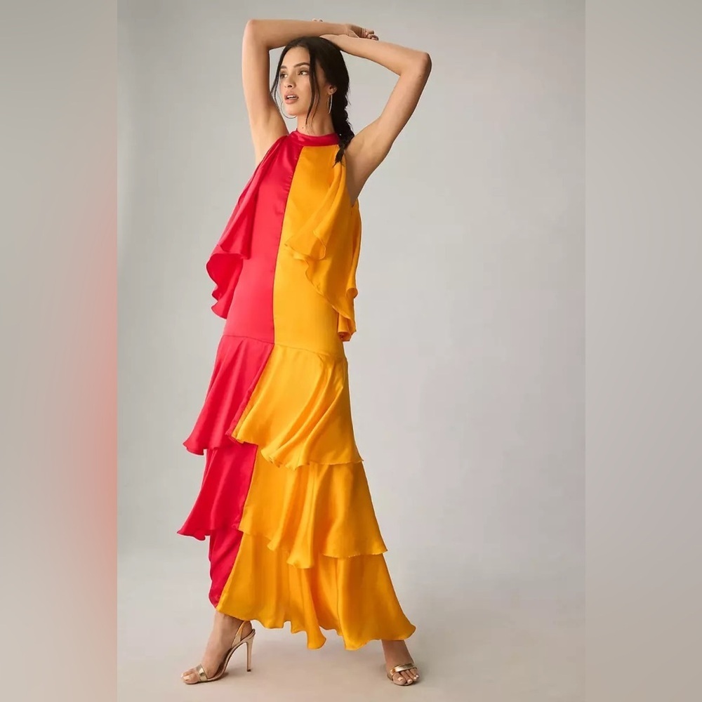 Anthropologie Pinnacle by Shruti Sancheti Mock-Neck Colorblock Ruffle Dress
